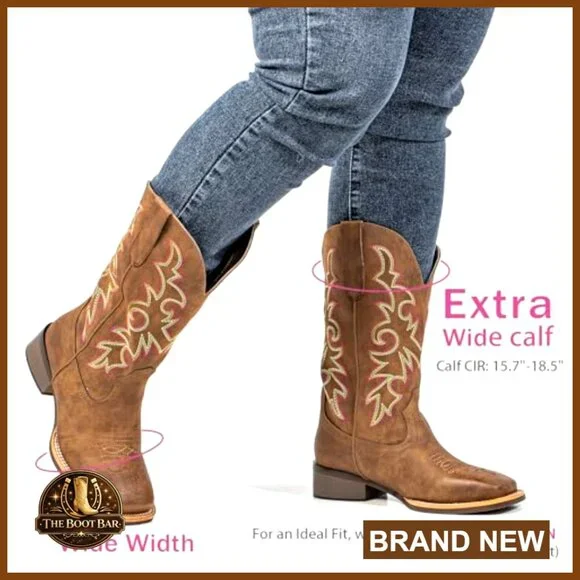 Extra Wide Calf Cowboy Boots Square Toe Pull-On Western Boots Faux Leather